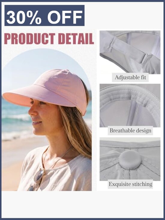 2 Pack Wide Brim Sun Visors with Ponytail Hole UPF50+ Packable